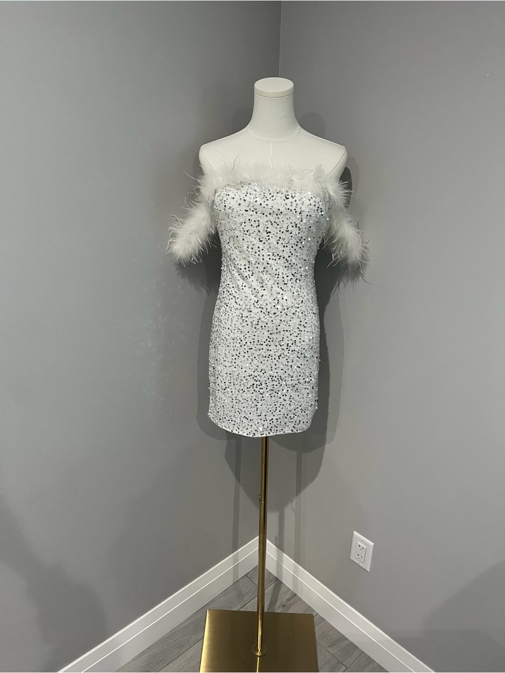 SHEIN White Sequin Off-Shoulder Feather Trim Mini Dress